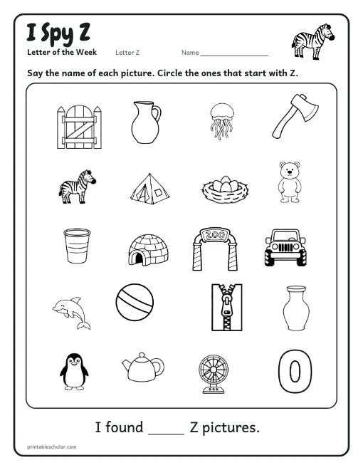 I Spy Z: letter Z worksheet preview