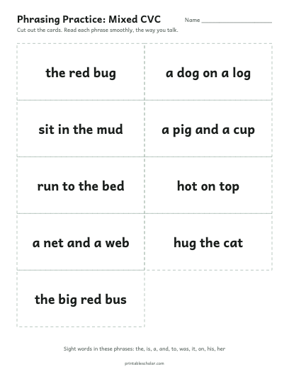 Mixed CVC phrasing cards printable preview