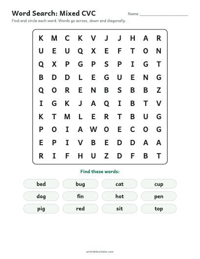 Mixed CVC word search printable preview