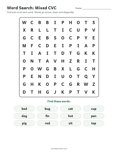 Mixed CVC word search printable preview