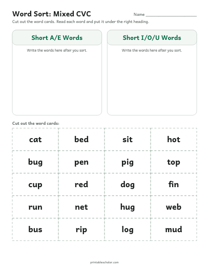 Mixed CVC word sort printable preview