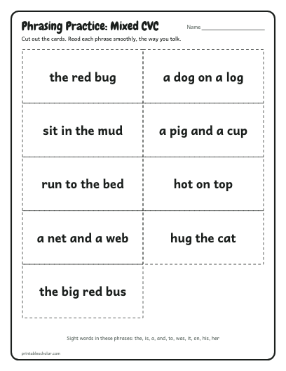 Mixed CVC phrasing cards printable preview