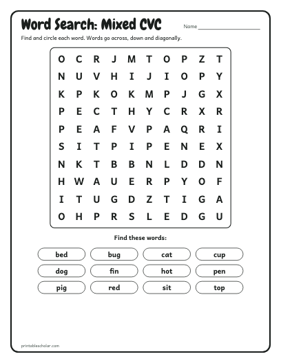 Mixed CVC word search printable preview