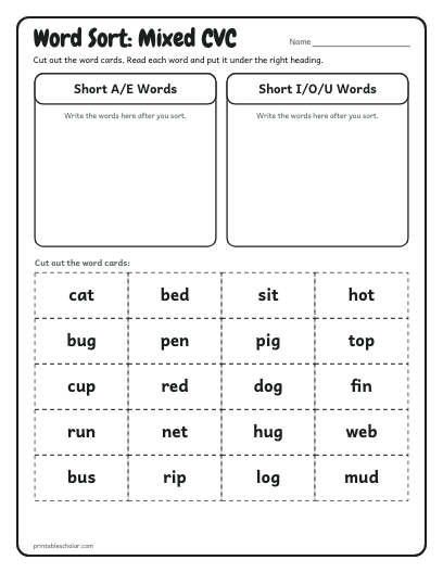 Mixed CVC word sort printable preview
