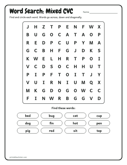Mixed CVC word search printable preview