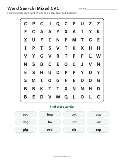 Mixed CVC word search printable preview