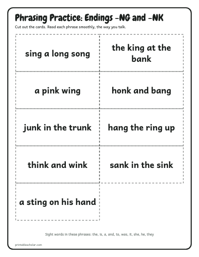 Endings -NG and -NK phrasing cards printable preview