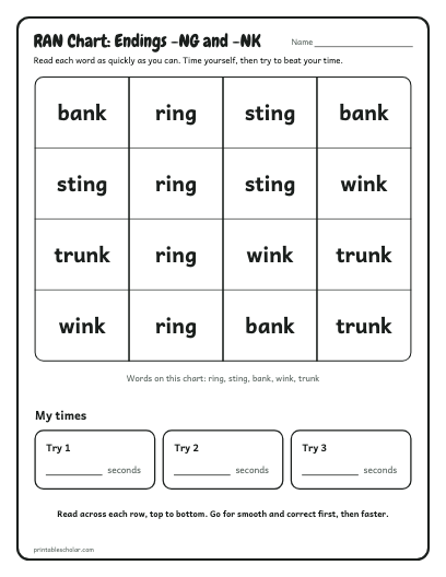 Endings -NG and -NK ran chart printable preview
