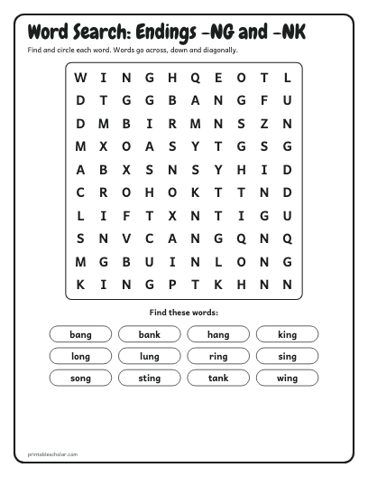 Endings -NG and -NK word search printable preview