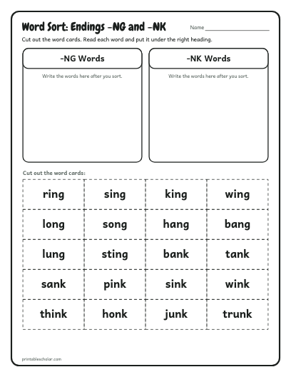 Endings -NG and -NK word sort printable preview