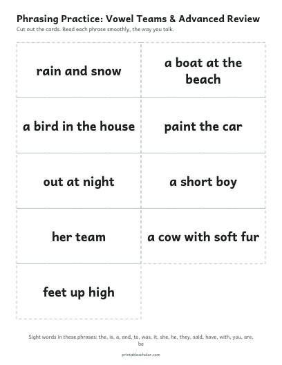 Vowel Teams & Advanced Review phrasing cards printable preview