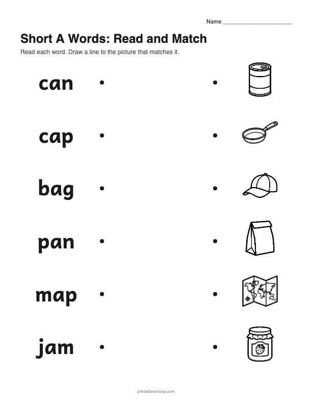 Short A picture words Read and Match worksheet preview