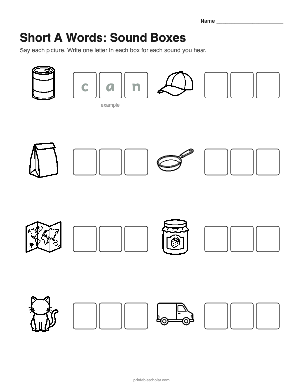 Short A picture words Sound Boxes worksheet preview