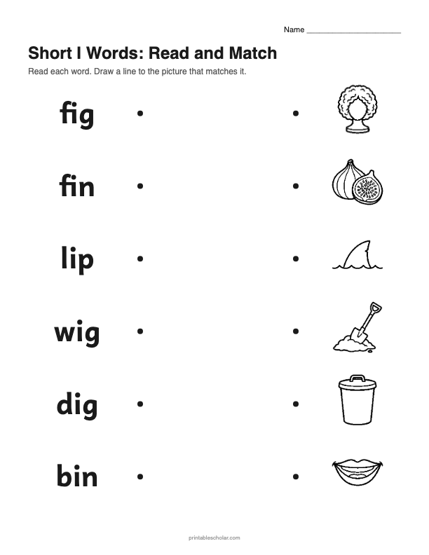 Short I picture words Read and Match worksheet preview