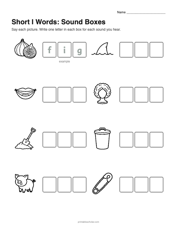 Short I picture words Sound Boxes worksheet preview