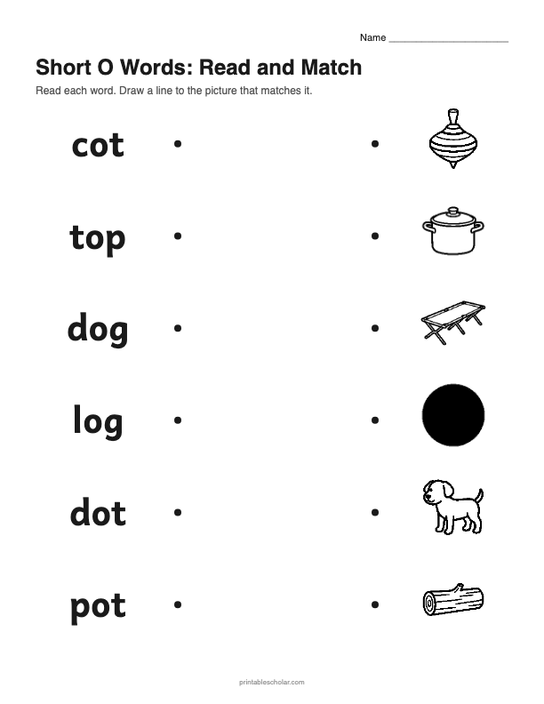 Short O picture words Read and Match worksheet preview