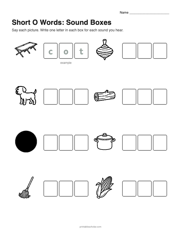 Short O picture words Sound Boxes worksheet preview