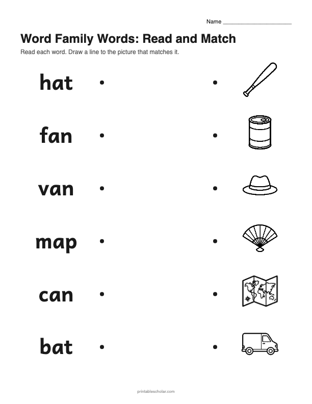 Word Families picture words Read and Match worksheet preview
