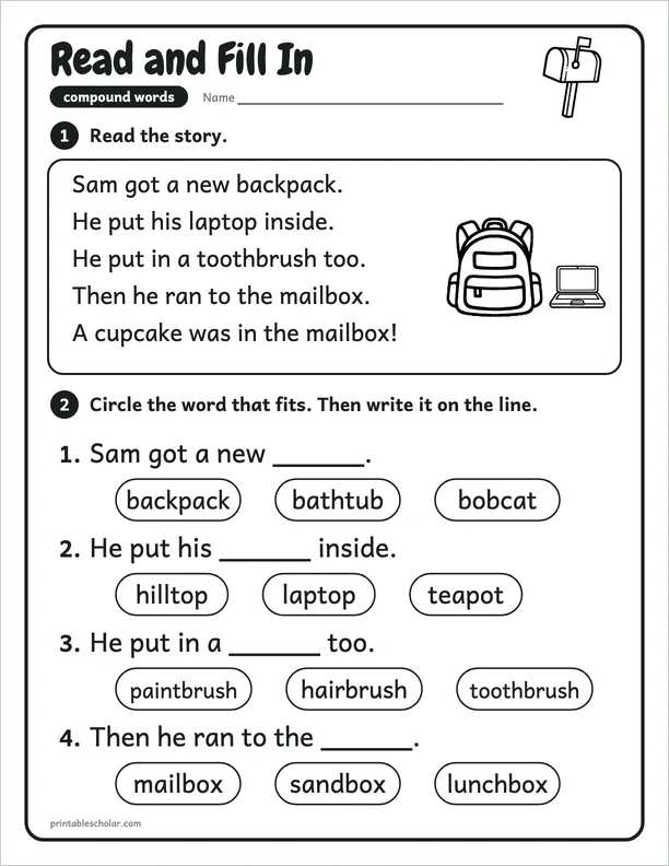 Read and Fill In: a free compound words word work worksheet