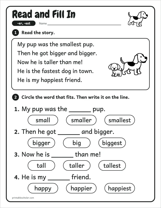 Read and Fill In: a -er and -est worksheet