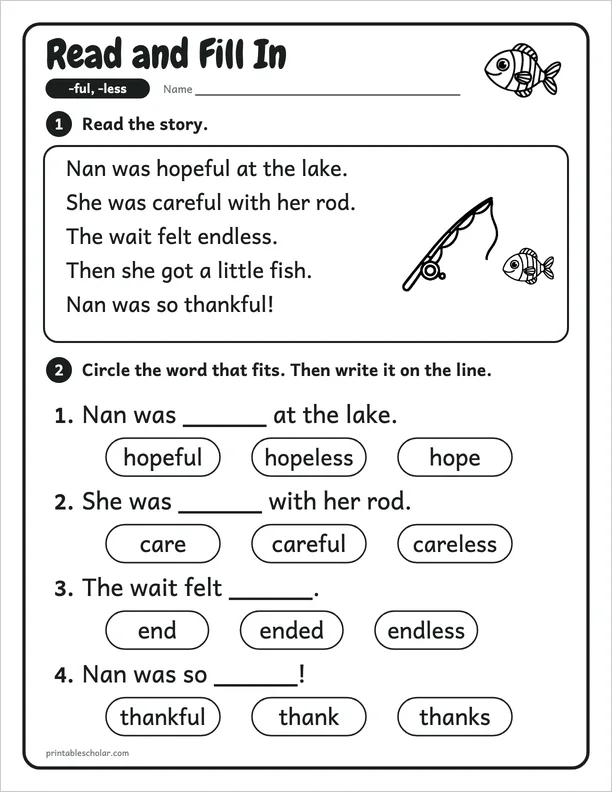 Read and Fill In: a -ful and -less worksheet