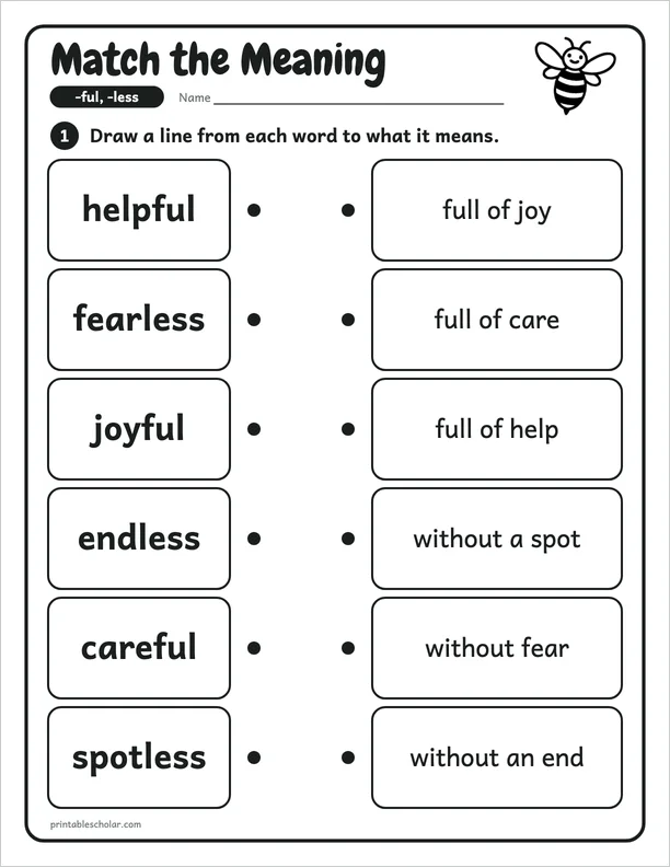 Match the Meaning: a -ful and -less worksheet