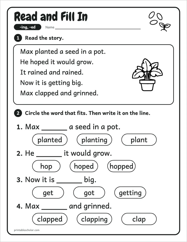 Read and Fill In: a -ing and -ed worksheet
