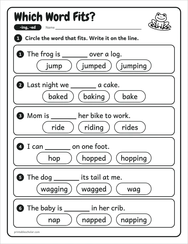 Which Word Fits?: a -ing and -ed worksheet