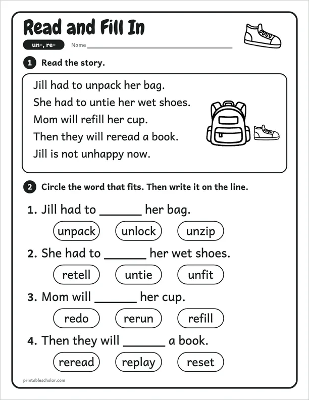 Read and Fill In: a prefix un- and re- worksheet