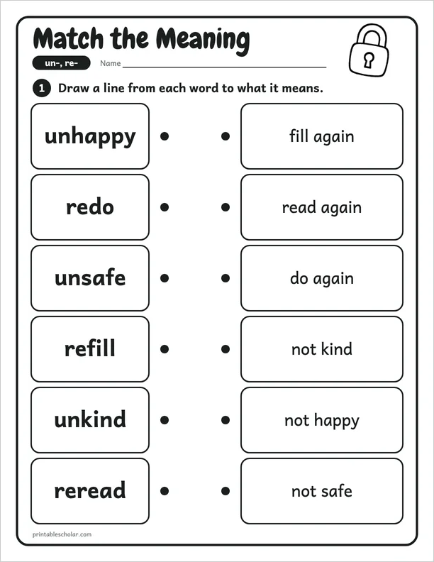 Match the Meaning: a prefix un- and re- worksheet