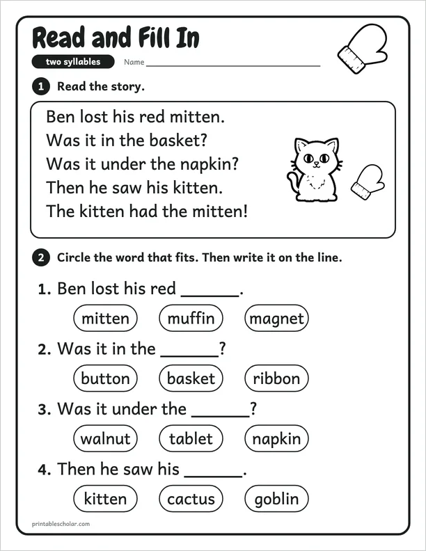 Read and Fill In: a two-syllable word worksheet