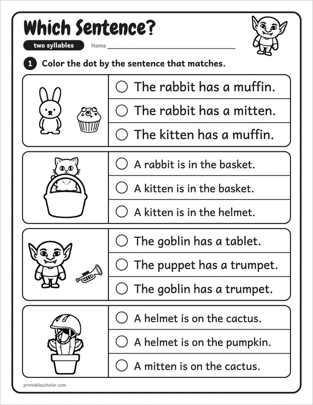 Which Sentence?: a two-syllable word worksheet