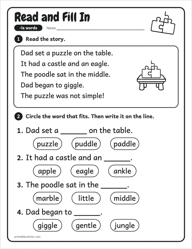 Read and Fill In: a consonant-le worksheet