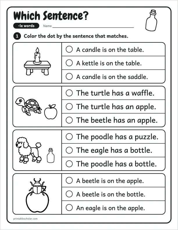 Which Sentence?: a consonant-le worksheet