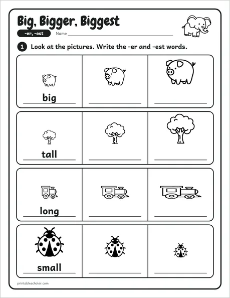 Big, Bigger, Biggest worksheet from the Level 5 Word Work: Syllables and Word Parts pack