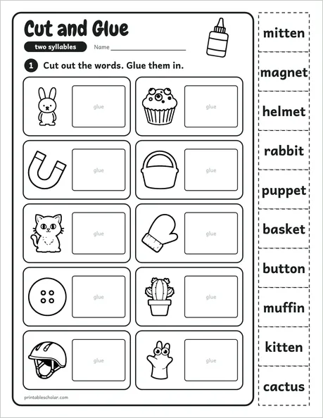 Cut and Glue worksheet from the Level 5 Word Work: Syllables and Word Parts pack