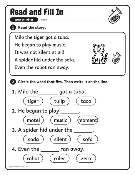 Read and Fill In worksheet from the Level 5 Word Work: Syllables and Word Parts pack