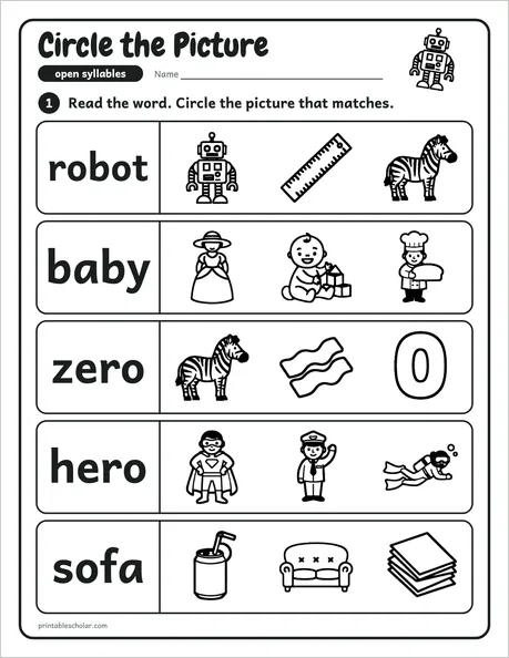 Circle the Picture worksheet from the Level 5 Word Work: Syllables and Word Parts pack
