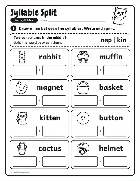 Syllable Split worksheet from the Level 5 Word Work: Syllables and Word Parts pack