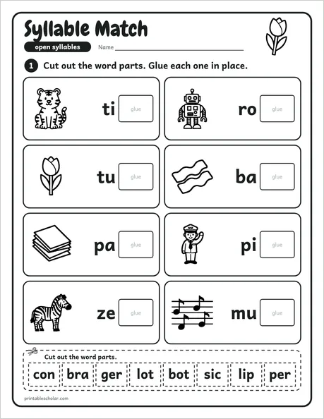 Syllable Match worksheet from the Level 5 Word Work: Syllables and Word Parts pack