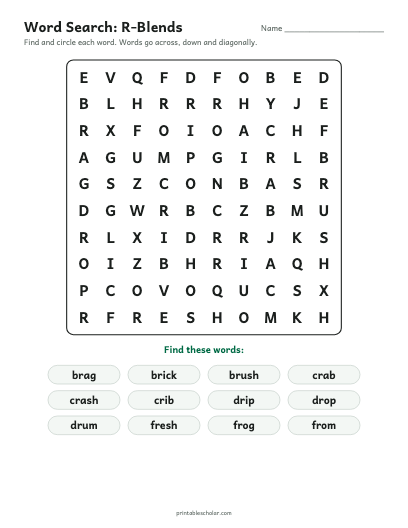 R-Blends word search printable preview