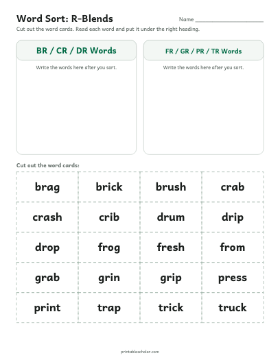 R-Blends word sort printable preview