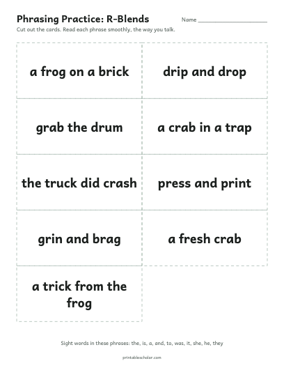 R-Blends phrasing cards printable preview