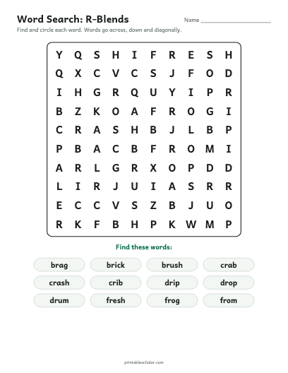 R-Blends word search printable preview
