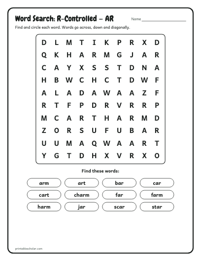 R-Controlled — AR word search printable preview