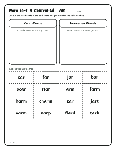 R-Controlled — AR word sort printable preview