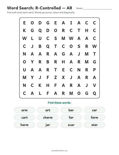 R-Controlled — AR word search printable preview