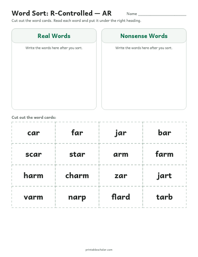 R-Controlled — AR word sort printable preview
