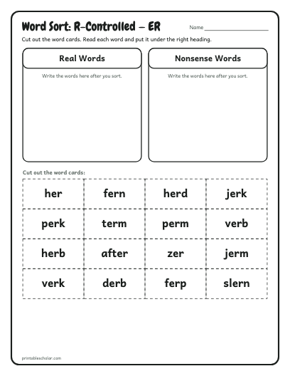 R-Controlled — ER word sort printable preview