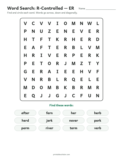 R-Controlled — ER word search printable preview